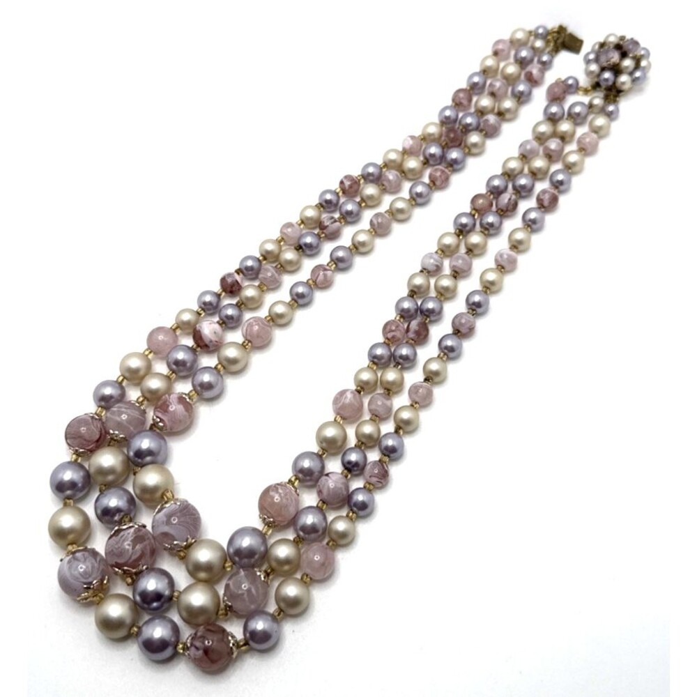 Vintage Multi Strand Bead Necklace Purple Pink & White Retro Made in Japan 20"